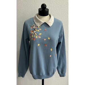 Country Store Blue Floral Embroidered Collared Sweatshirt Sz Medium Cottage-core